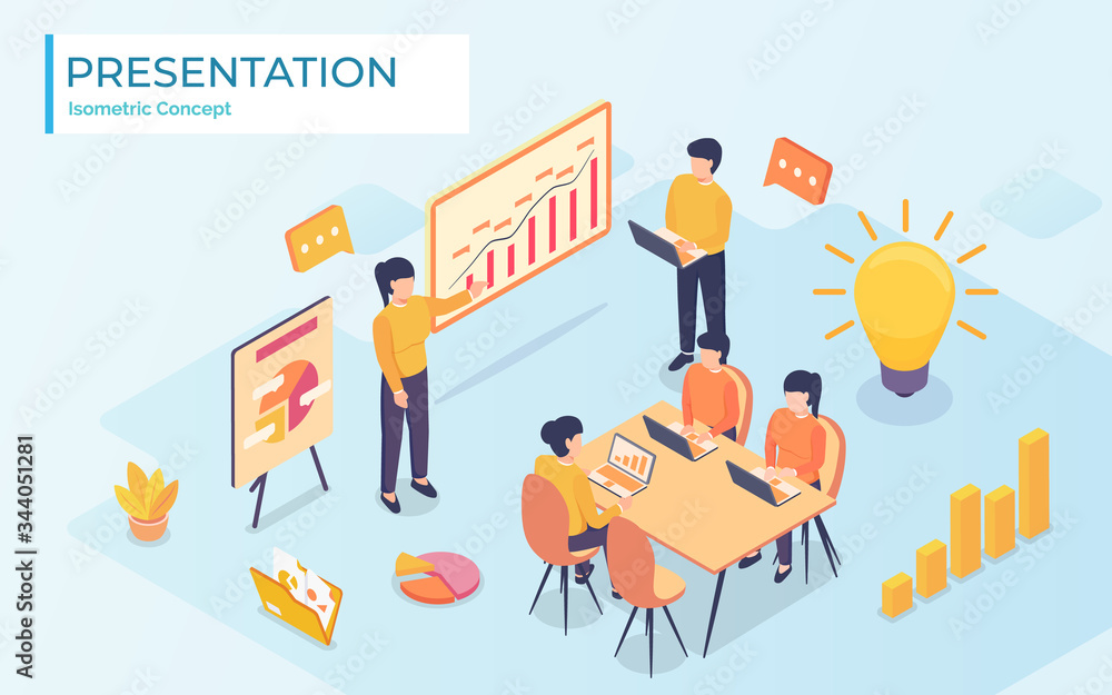 Businessman presenting new project to his partners and colleagues. He is showing graphs. Coach giving presentation to clients at conference meeting room. Modern vector illustration. Businessman presenting new project to his partners and colleagues. He is showing graphs. Coach giving presentation to clients at conference meeting room. Modern vector illustration.