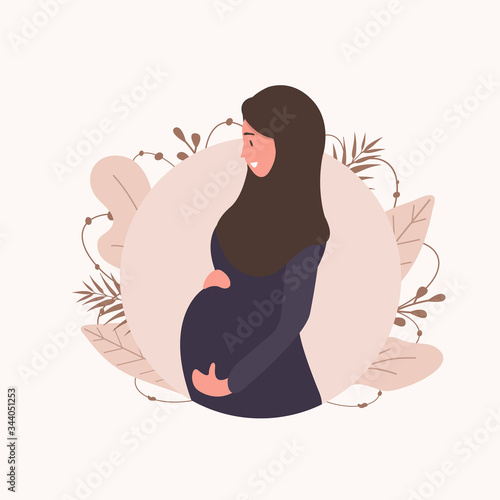 Muslim pregnant woman in abaya and hijab. Modern flat style vector illustration isolated on soft background.
