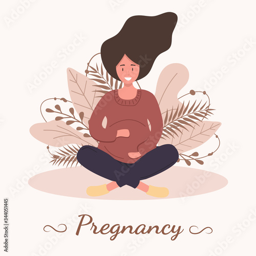 Pregnant woman in the lotus position. Modern flat style vector illustration isolated on soft background.