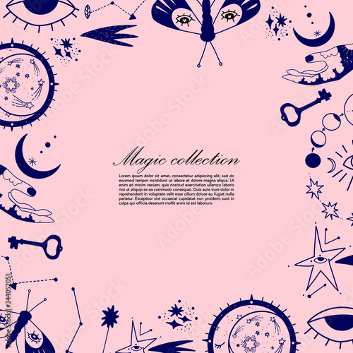 Vector collection of magic and occultism Mystical and Mysterious objects, snake, key, constellation, mushrooms, heart, butterfly Space objects. Minimalistic objects made in the style of one line.