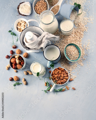 Various vegan plant based milk and ingredients.