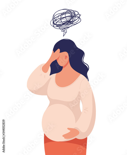 Concept illustration, a pregnant woman feels bad, worries, doubts the future, single mother. Difficulty during pregnancy. Flat vector illustration.