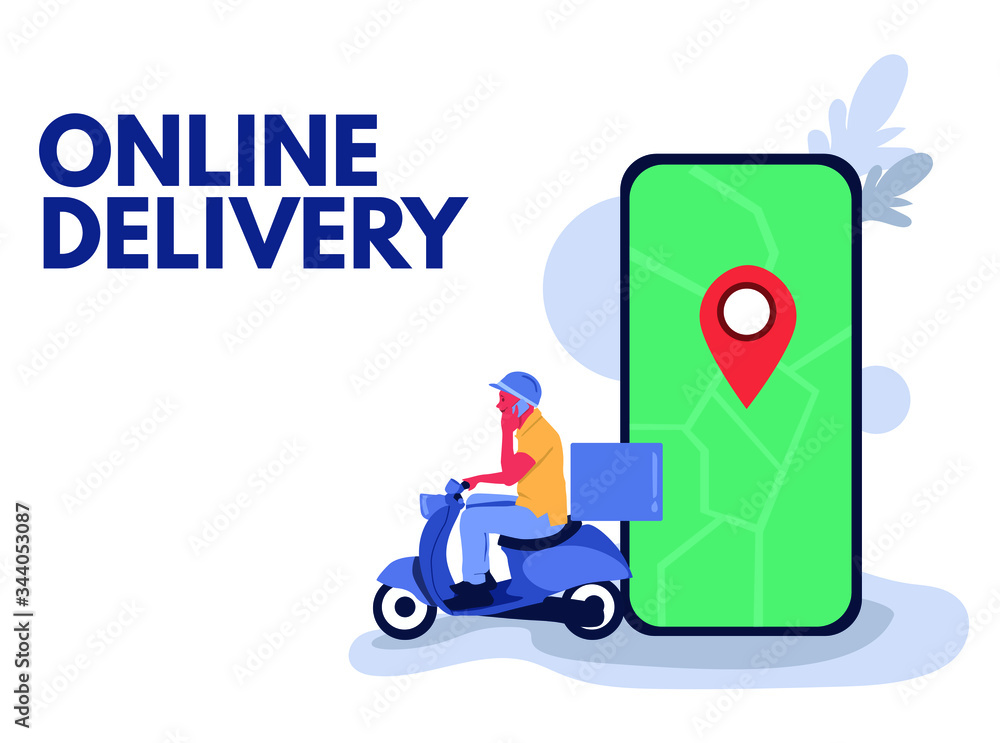 Online Delivery service concept.Fast and free delivery by scooter tracking. Vector cartoon illustration. Food service. Shop online. E-Commerce website