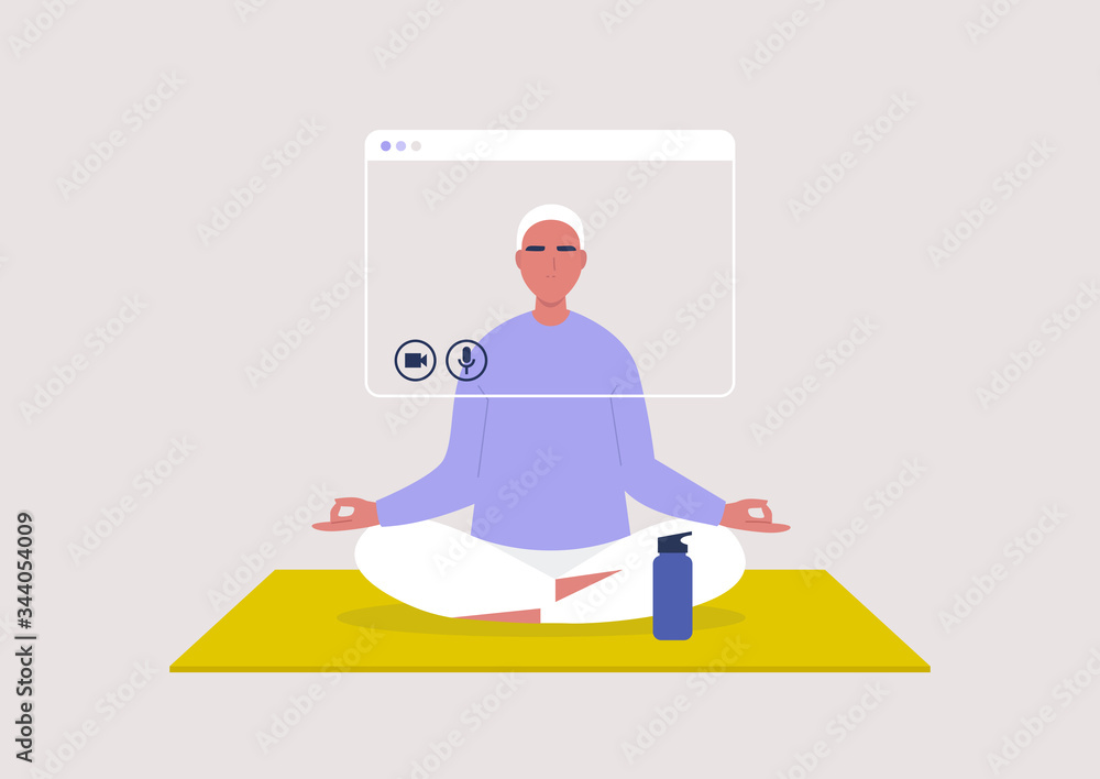 Online yoga lesson, meditation tutorial, stay at home order, young male character sitting in a yoga position Online yoga lesson, meditation tutorial, stay at home order, young male character sitting in a yoga position