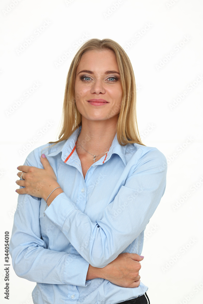 Beautiful smiling businesswoman portrait at workplace look in camera. White collar worker at workspace exchange market job offer certified public accountant internal Revenue officer concept Beautiful smiling businesswoman portrait at workplace look in camera. White collar worker at workspace exchange market job offer certified public accountant internal Revenue officer concept