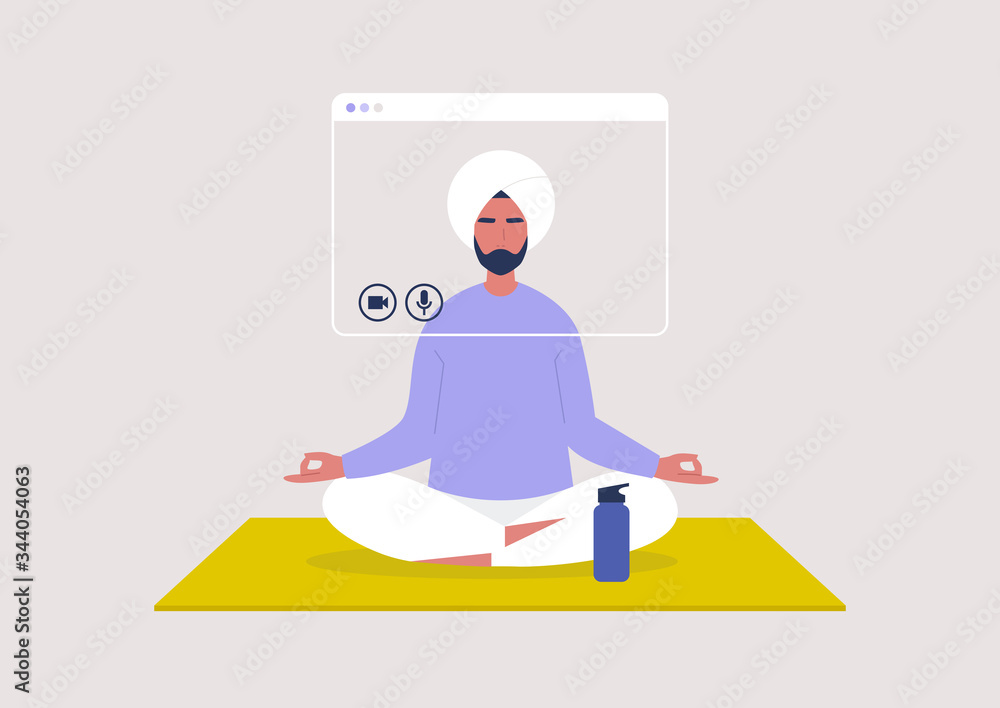 Online yoga lesson, meditation tutorial, stay at home order, young indian male character sitting in a yoga position