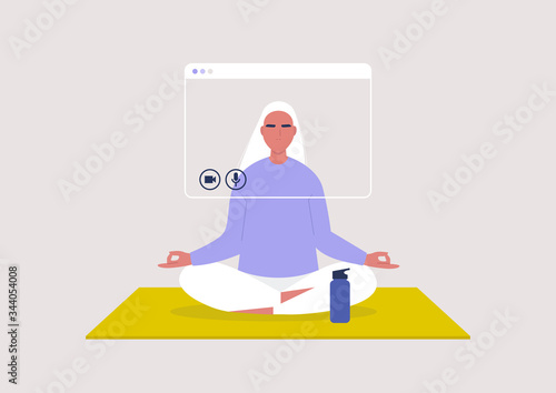 Online yoga lesson, meditation tutorial, stay at home order, young female character sitting in a yoga position