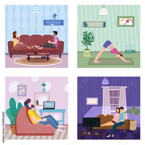 Set banner Stays at home. Woman character practicing yoga, Man listens to music. Young couple watching movies or TV shows on social distancing quarantine