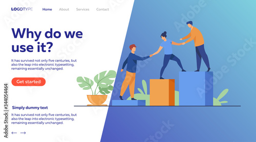 Employees giving hands and helping colleagues to walk upstairs. Team giving support, growing together. Vector illustration for teamwork, mentorship, cooperation concept