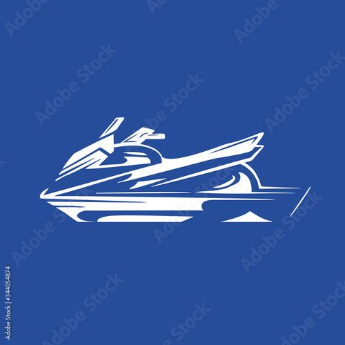 White silhouette of a water bike on blue background. Active sport lifestyle. Summer fun on the water. Vector element for logos, icons, identity and your design.