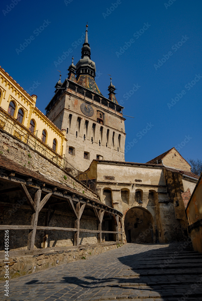 streets in the city of Sighisoara and decorative elements
