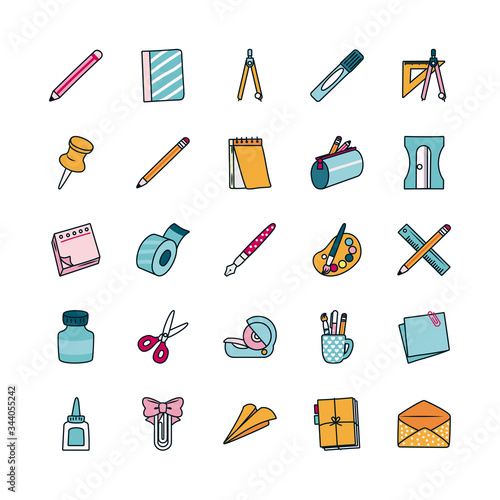scissors and stationary icon set, line and fill style