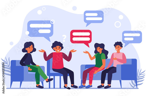 Group therapy flat vector illustration. Men and women in psychologist session talking about problems. Medical support and addiction and psychotherapy concept