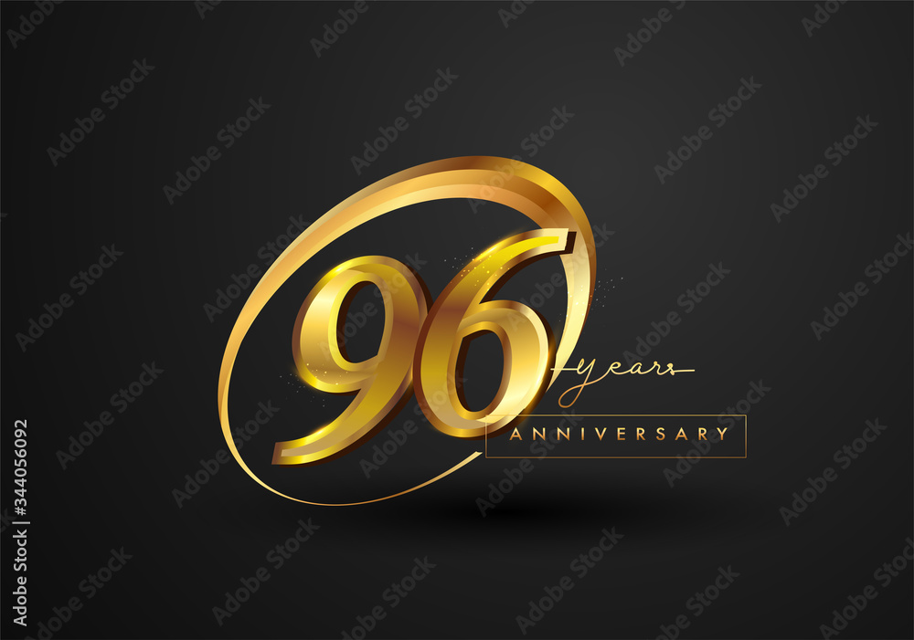 96 Years Anniversary Celebration. Anniversary logo with ring and elegance golden color isolated on black background, vector design for celebration, invitation card, and greeting card. 96 Years Anniversary Celebration. Anniversary logo with ring and elegance golden color isolated on black background, vector design for celebration, invitation card, and greeting card.