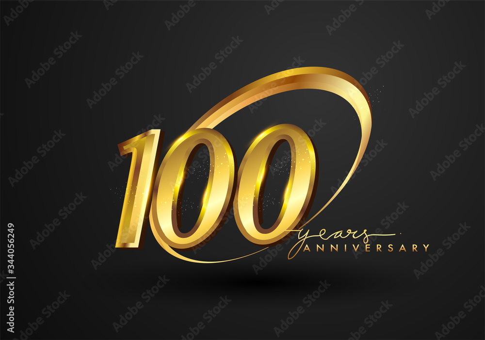 100 Years Anniversary Celebration. Anniversary logo with ring and elegance golden color isolated on black background, vector design for celebration, invitation card, and greeting card. 100 Years Anniversary Celebration. Anniversary logo with ring and elegance golden color isolated on black background, vector design for celebration, invitation card, and greeting card.