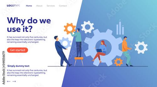 Business team working on cogwheel mechanism together. People carrying gears, using laptops . Vector illustration for teamwork, technology, solution, engineering concept
