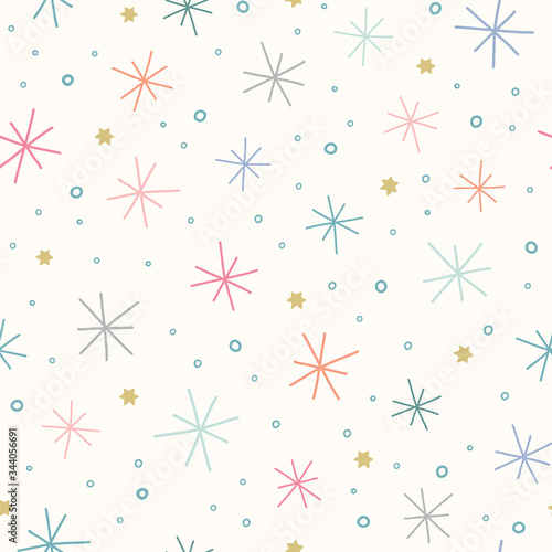 Star pattern background design. Cute vector tossed seamless repeat of stars and dots in pastel colours.