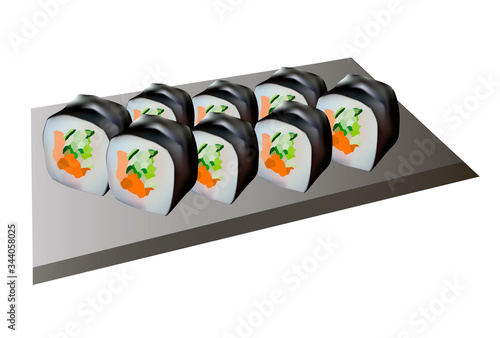 sushi and rolls on the stand portion rice red fish