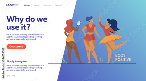 Happy girls admiring their bodies flat vector illustration. Body positive female characters smiling each other. Active women with plus size figures. Different beauty, fashion and healthy lifestyle