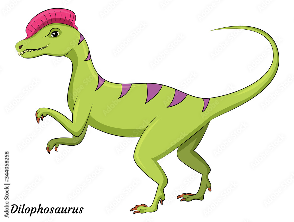 Fototapeta premium Cute cartoon dilophosaurus dino character. Vector isolated