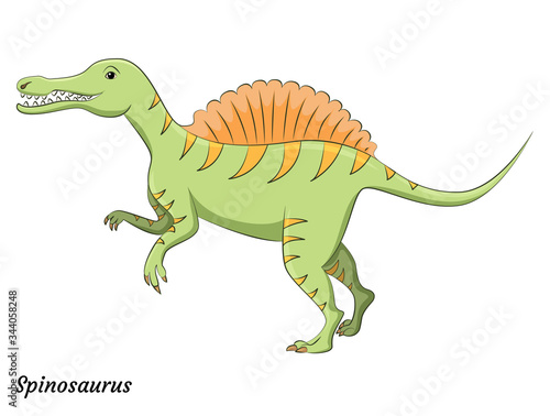 Cute cartoon spinosaurus dino character. Vector isolated