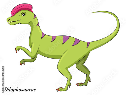 Cute cartoon dilophosaurus dino character. Vector isolated