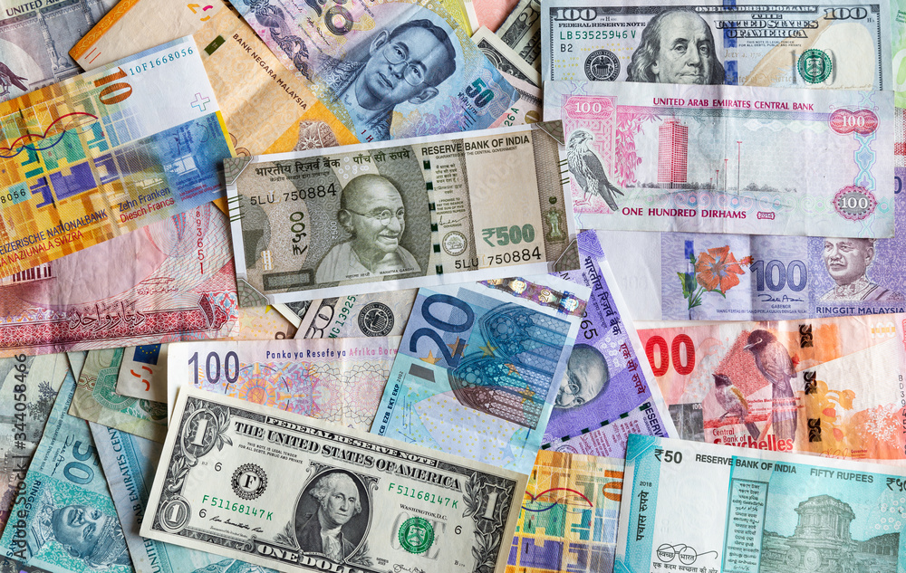Fototapeta premium All types of currency note indicating world economy and crisis