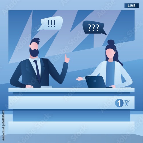 Talk show on tv. Journalist and guest talking in modern television studio. Two business characters on tv workplace.