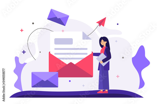 Cartoon woman holding huge envelope with letter flat vector illustration. Working process, new email message, office paper and mail delivery. Business and communication concept