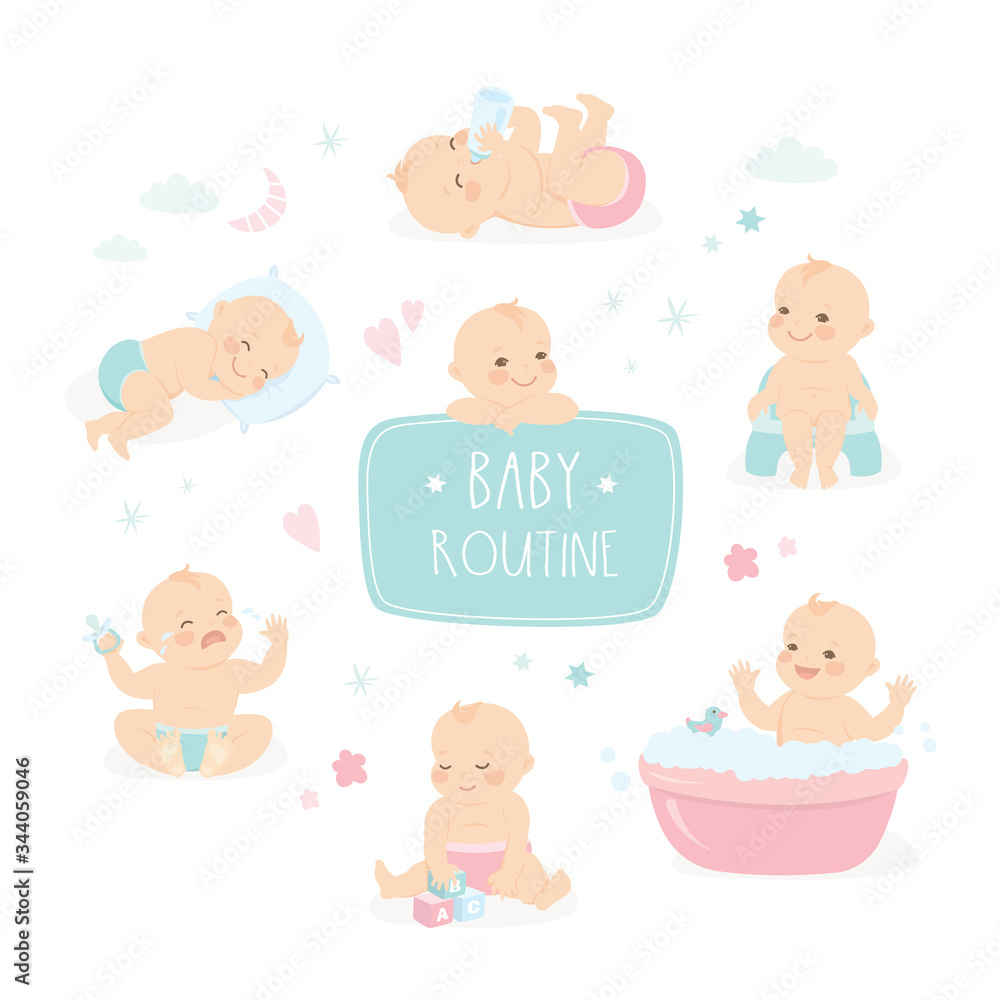 Set of cute little babies in different poses. Cartoon infant children isolated on white background. Set of cute little babies in different poses. Cartoon infant children isolated on white background.