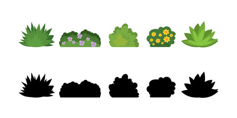 Crédence de cuisine Chambre d’enfants Set of cartoon bushes in flat style. Collection green plants and black silhouettes, isolated on white background.  © naum