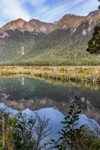 Mirror lake at Eglinton valley in New Zealand. photo