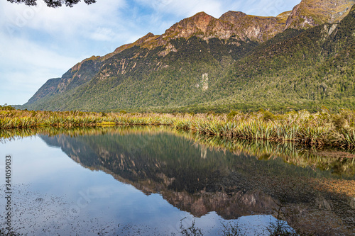 Mirror lake at Eglinton valley in New Zealand. photo