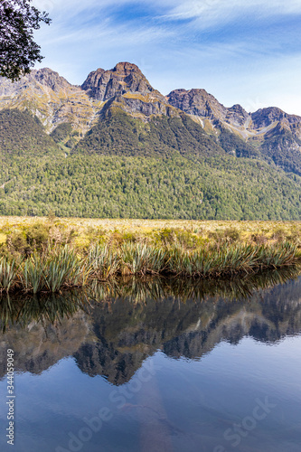 Mirror lake at Eglinton valley in New Zealand. photo