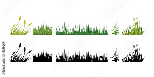 Set of different bushes and grass with flowers. Green plants and black silhouettes isolated on white background.