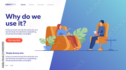 Woman visiting psychologist office. Patient sitting in armchair and talking to psychiatrist. Vector illustration for therapy session, psychotherapy counseling concept