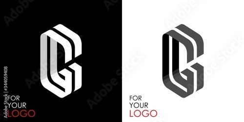 Isometric letter G. From stripes, lines. Template for creating logos, emblems, monograms. Black and white options. 3D art symbol. Vector