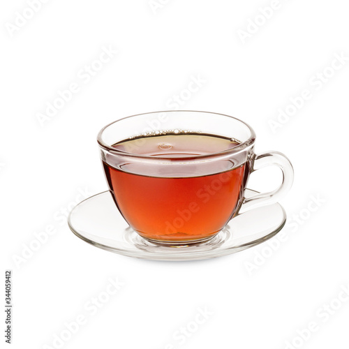 Tea Cup and glass saucer with black made liquid tea isolated on white background