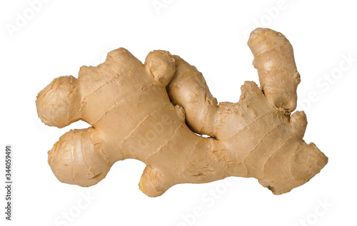 Whole single raw fresh ginger root isolated on white background
