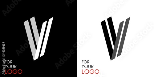 Isometric letter V. From stripes, lines. Template for creating logos, emblems, monograms. Black and white options. 3D art symbol. Vector