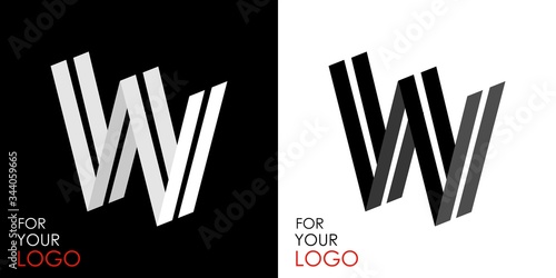 Isometric letter W. From stripes, lines. Template for creating logos, emblems, monograms. Black and white options. 3D art symbol. Vector