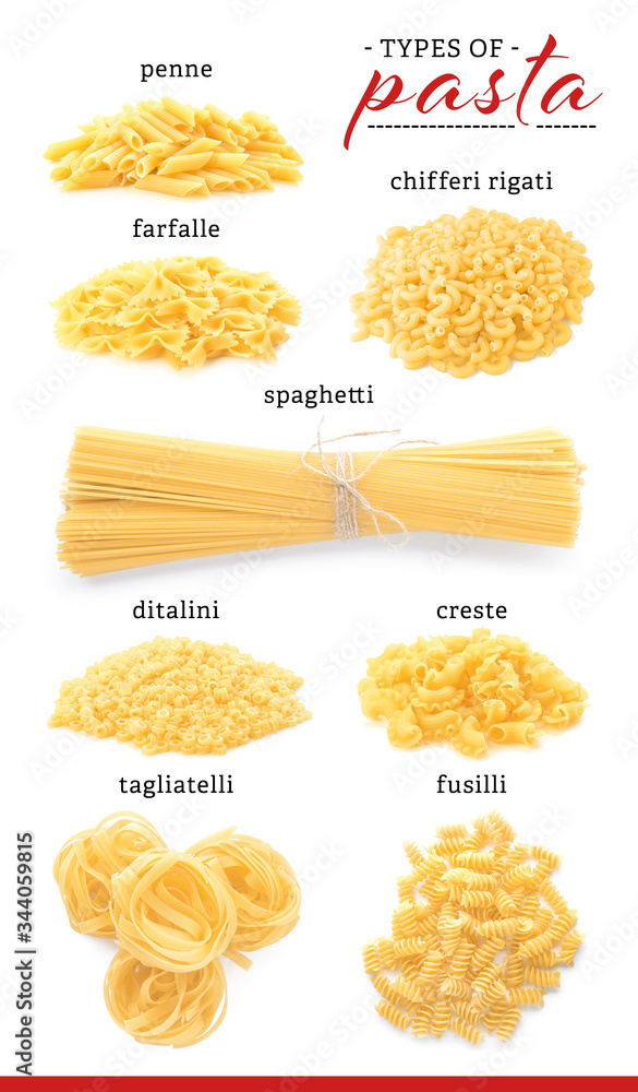 Assortment of uncooked pasta on white background Assortment of uncooked pasta on white background