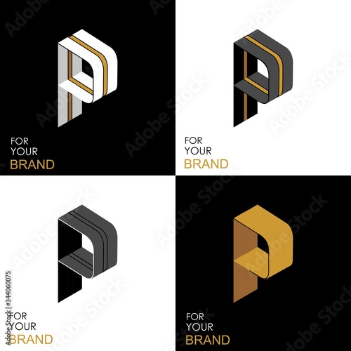Isometric set letter P. Black, white, gold palette. From stripes, lines. Template for creating logos, emblems, monograms. Black and white options. 3D art symbol. Vector