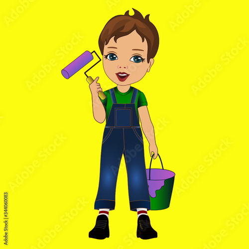 boy wall painter that is painting the wallpaper & holding his roller brush & a bucket filled with paint, happy guy at work with paintbrush & bucketful, simple colored emoticon