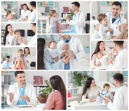 Collage of photos with pediatrician examining little children in clinic