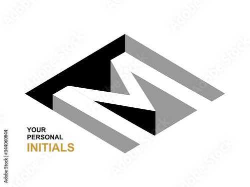 Isometric letter M. Template for creating logos, emblems, monograms. Black and white . 3D art symbol. Vector