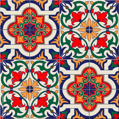 Gorgeous seamless pattern white colorful Moroccan, Portuguese tiles, Azulejo, ornaments. Can be used for wallpaper, pattern fills, web page background, surface textures. Vector