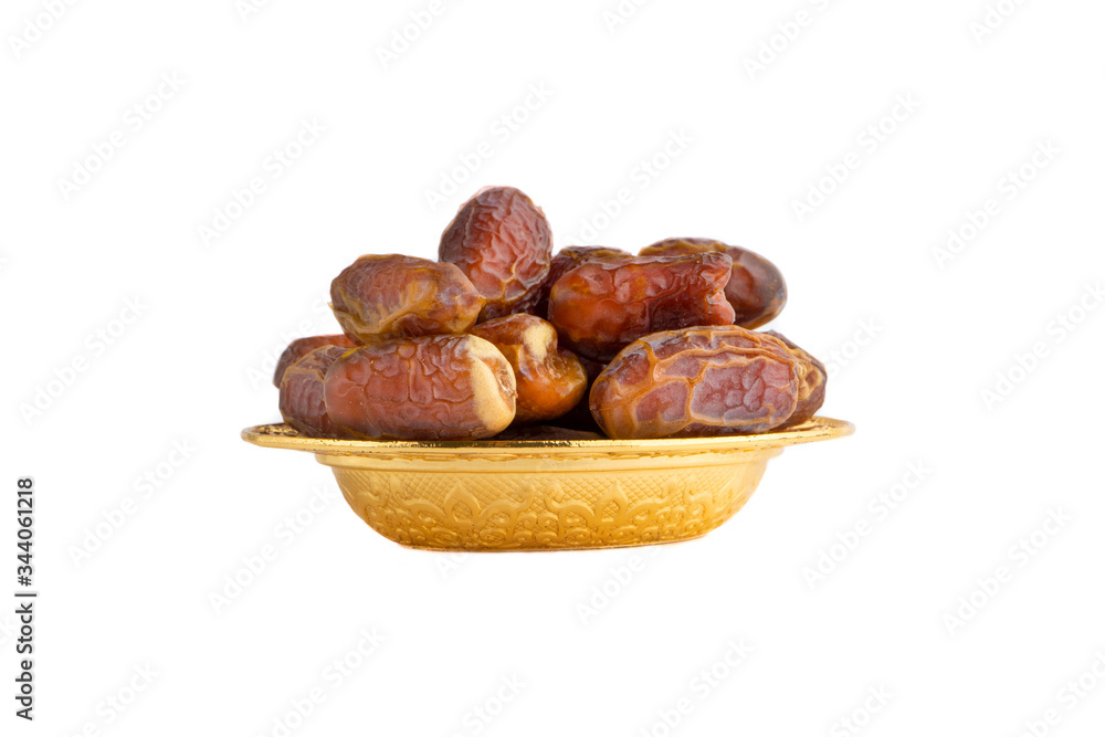 Date fruits or dry dates isolated on white background.Ramadan Kareem Breaking the fast by eating Tamar Dates