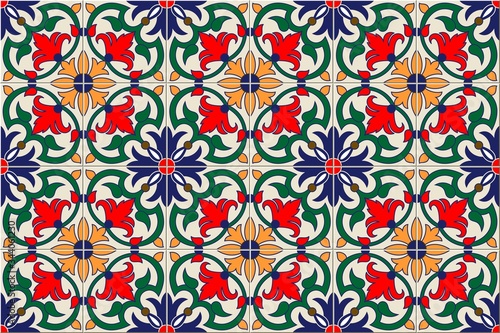 Gorgeous seamless pattern white colorful Moroccan, Portuguese tiles, Azulejo, ornaments. Can be used for wallpaper, pattern fills, web page background, surface textures. Vector