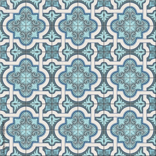 Gorgeous seamless pattern white trendy shades of green and blue Moroccan, Portuguese tiles, Azulejo, ornaments. Can be used for wallpaper, pattern fills, web page background, surface textures. Vector